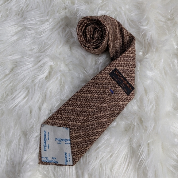 Vintage YSL Yves Saint Laurent All Silk Geometric Striped Brown Neck‎ Tie - Picture 4 of 6